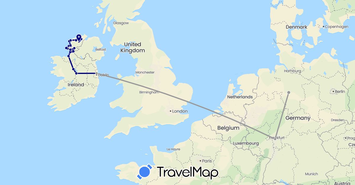 TravelMap itinerary: driving, plane in Germany, Ireland (Europe)